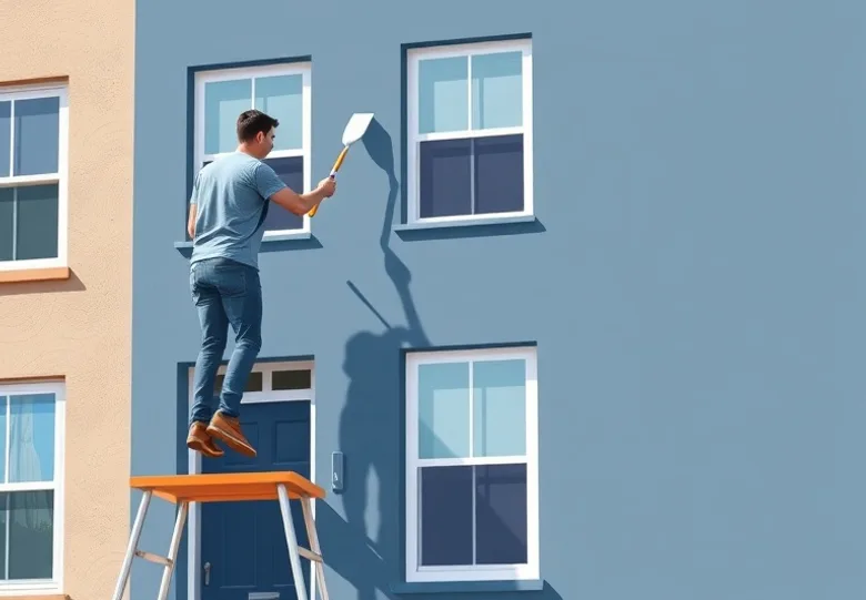 Peintre sur échafaudage traitant la façade d'une maison